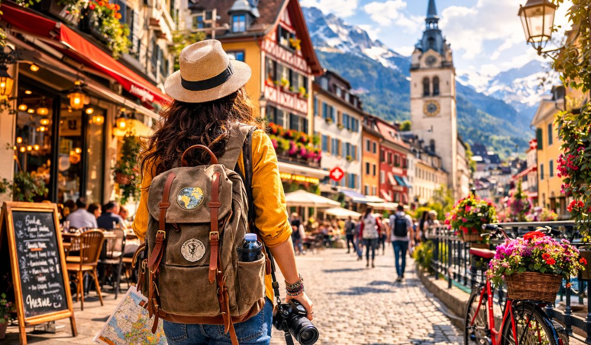 backpacker traveler exploring a colorful European street during budget Europe trip