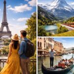 Best time to visit Europe from India showing Paris Eiffel Tower, Switzerland Alps and Venice canals