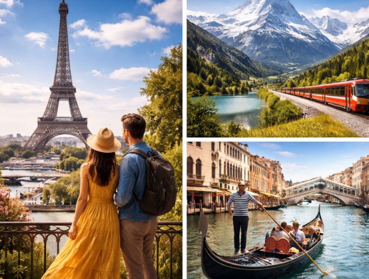 Best time to visit Europe from India showing Paris Eiffel Tower, Switzerland Alps and Venice canals