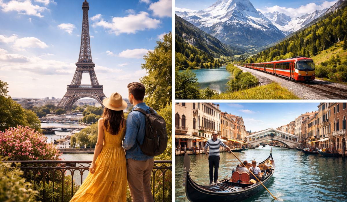 Best time to visit Europe from India showing Paris Eiffel Tower, Switzerland Alps and Venice canals