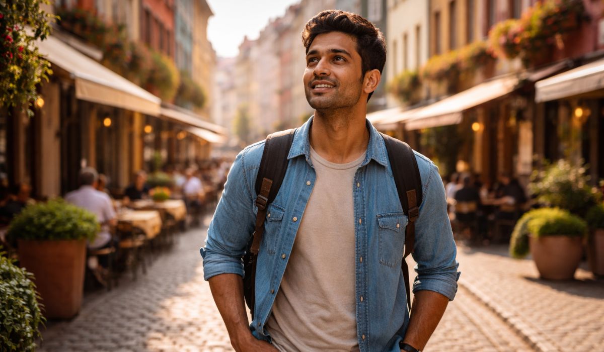 Indian traveller exploring Europe on budget trip street view