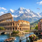 famous European landmarks including Eiffel Tower and Colosseum travel view