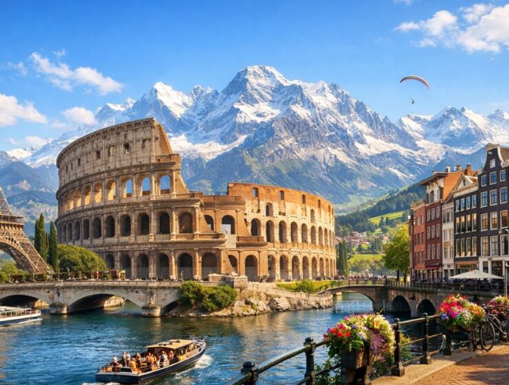 famous European landmarks including Eiffel Tower and Colosseum travel view
