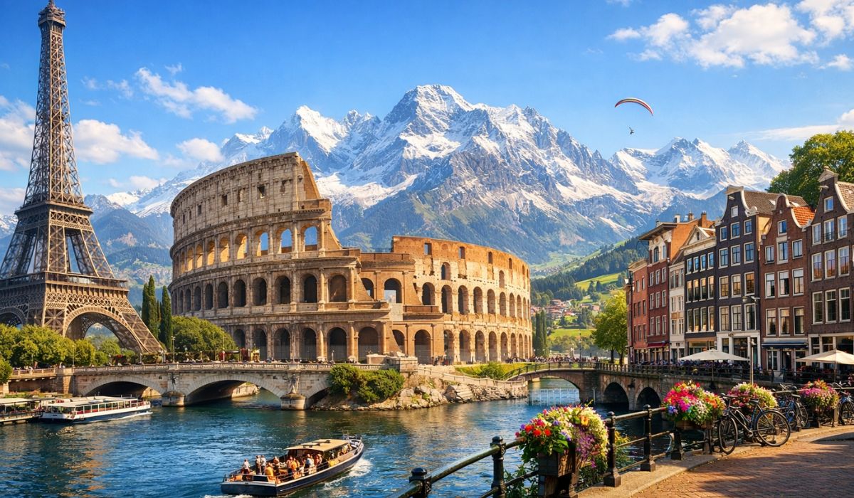 famous European landmarks including Eiffel Tower and Colosseum travel view