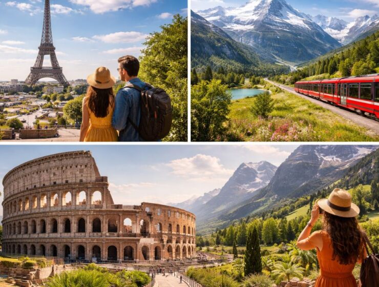 Europe trip cost from India travel destinations collage with Eiffel Tower and Swiss Alps