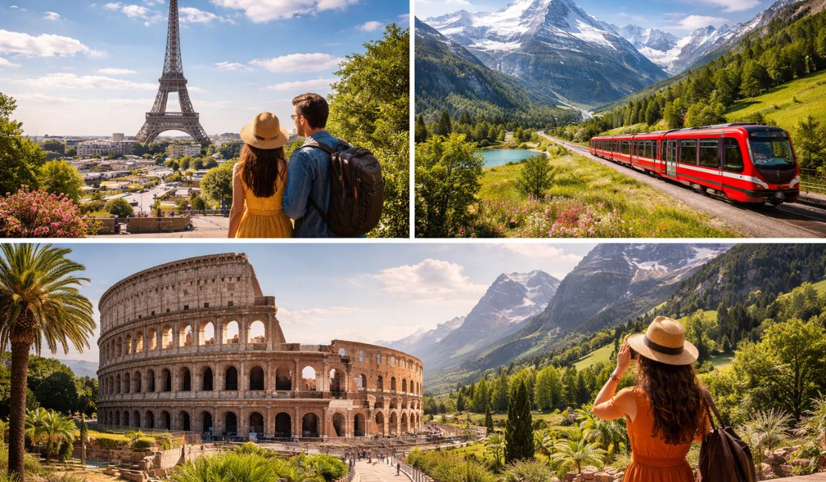 Europe trip cost from India travel destinations collage with Eiffel Tower and Swiss Alps