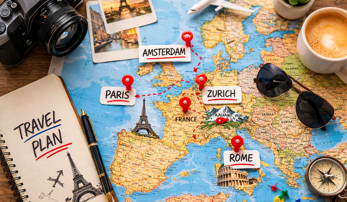 Europe travel itinerary map showing cities like Paris Rome Zurich and Amsterdam