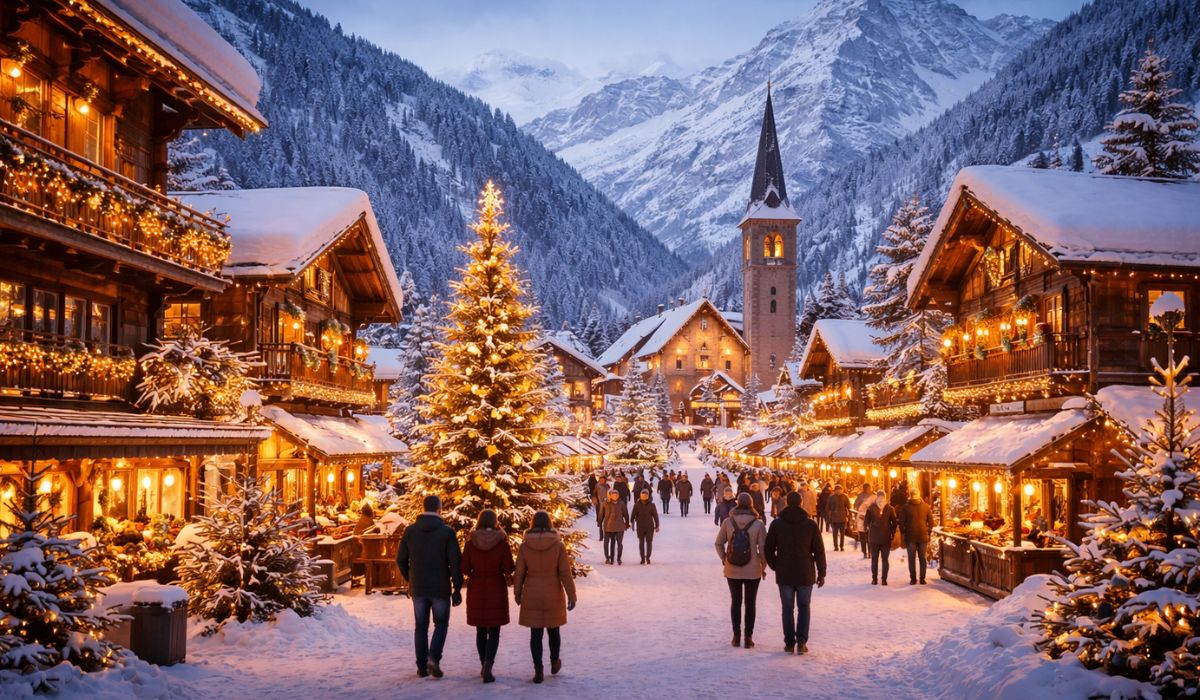 Winter in Europe showing snowfall in Switzerland and Christmas markets