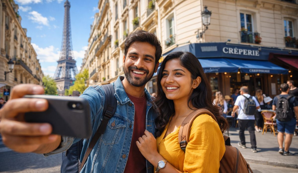 Indian tourists taking selfie near Eiffel Tower during Europe trip
